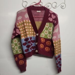 Debut Vtg Sz M Colorful Patchwork-Like Adorable, Happy, Hippie Cardigan Sweater